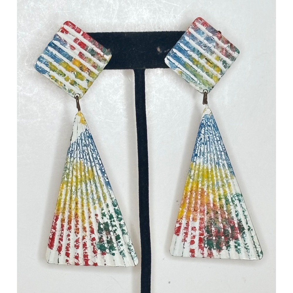 1980s Metal Statement Earring Color Splash Corrugated Geometric Drop Earrings